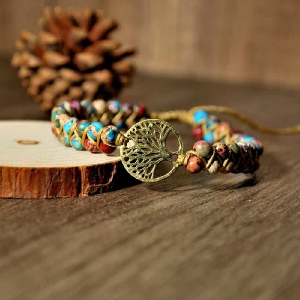 Natural African Stone Bead Bracelet & Bangle with Tree of Life Braided Charm